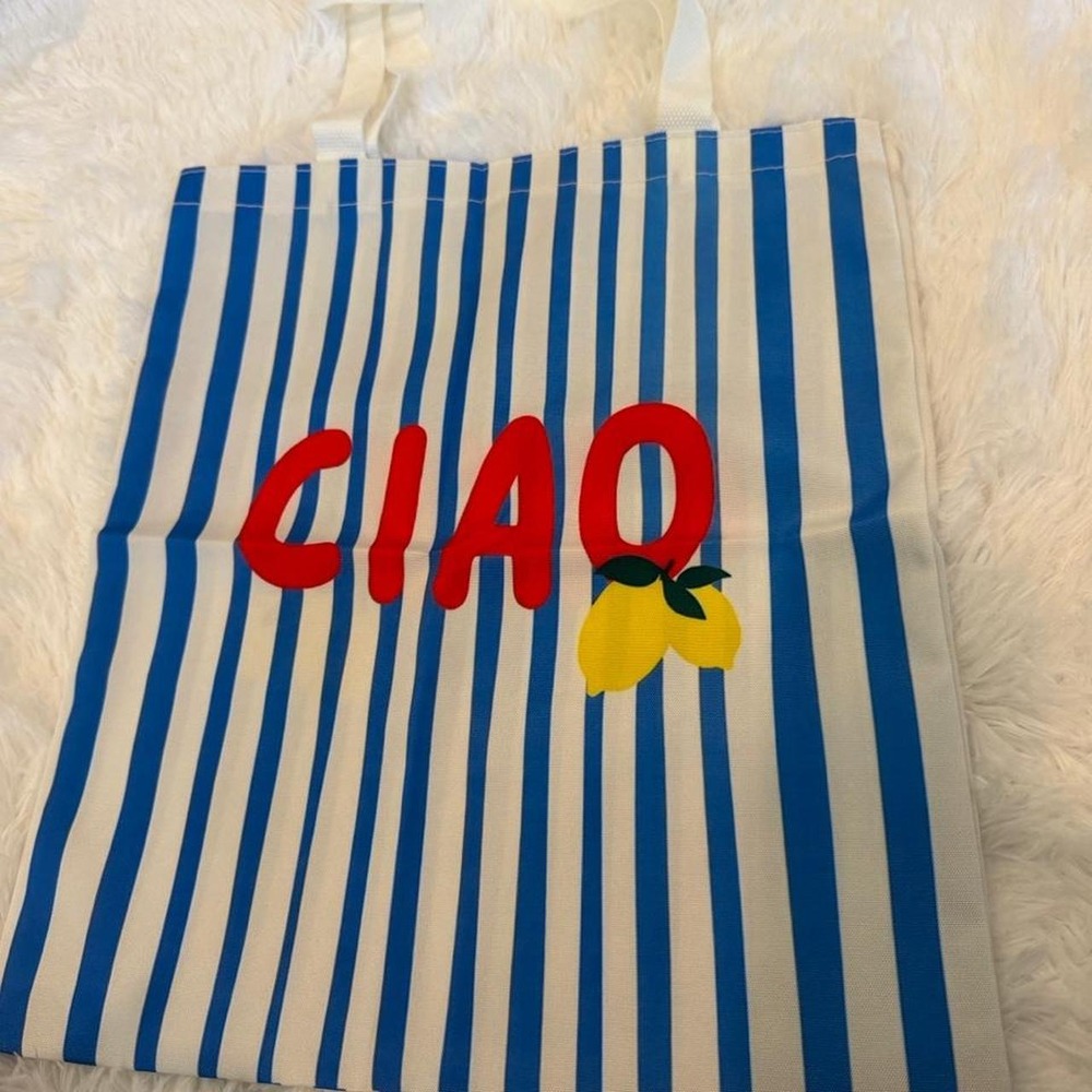 Ciao Blue and White Tote Bag Beach Coastal Nautical Fisherman